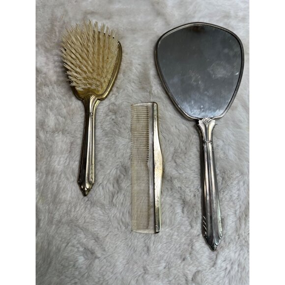 3 piece silver plated dresser set mirror, comb, hairbrush - Picture 1 of 5